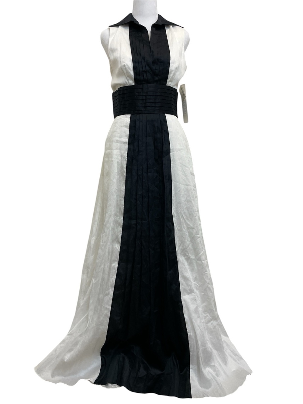 Naeem Khan Black & White Colorblock Pleat Sleeveless Maxi Dress Gown